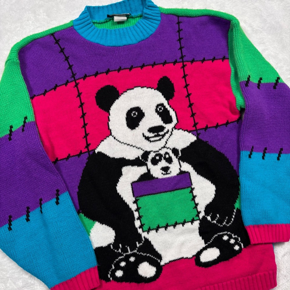 VTG 80s 90s Honors Patchwork Panda Sweater Women XS Colorblock Kidcore USA RARE - Picture 2 of 9